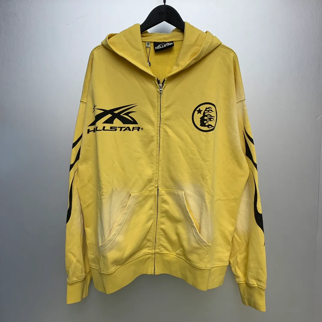 P240 Hellstar Sports Zip Up Hooded Sweatshirt Yellow washed distressed terry sweatshirt cardigan jacket color (color): yellow Size (size): S, M, L, XL
