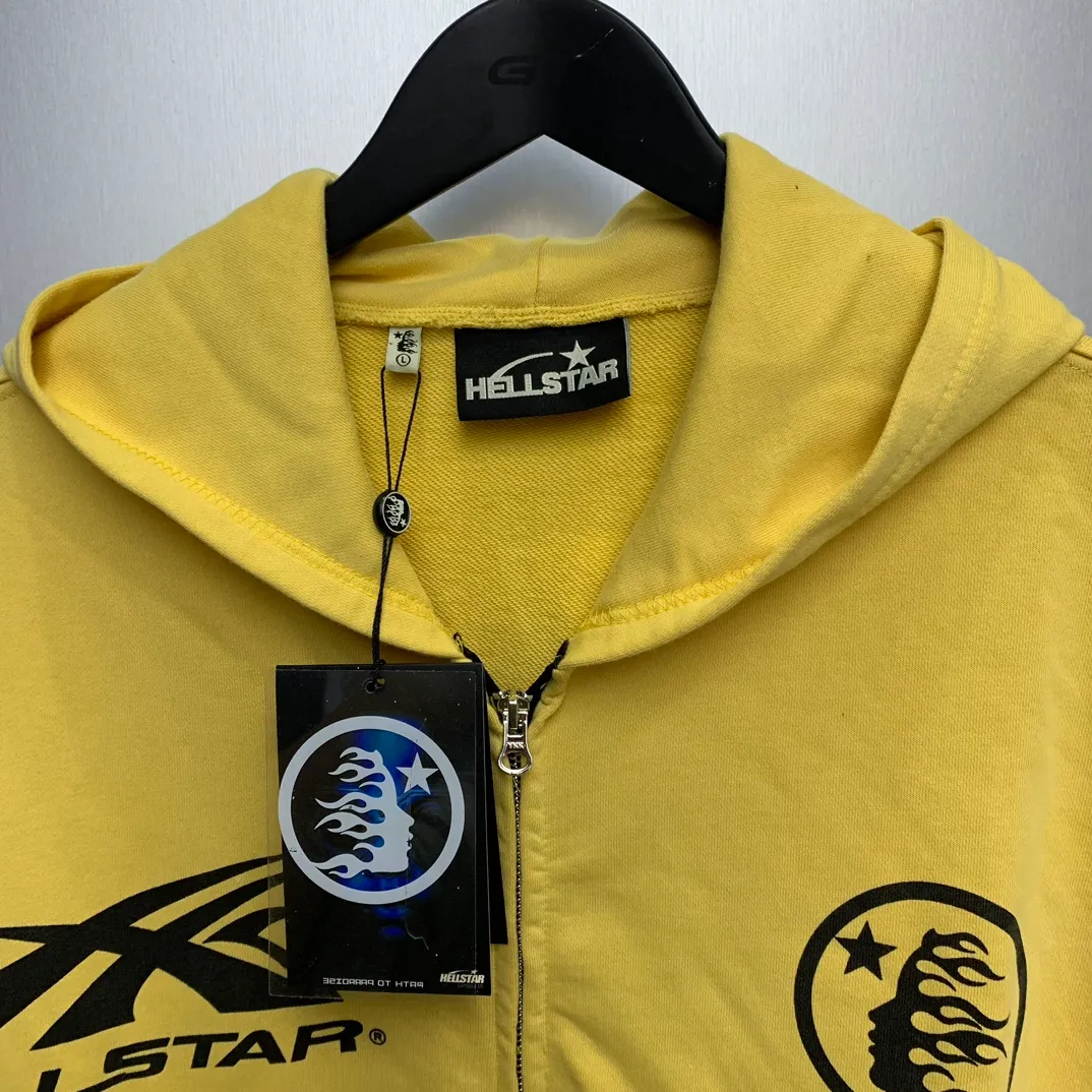P240 Hellstar Sports Zip Up Hooded Sweatshirt Yellow washed distressed terry sweatshirt cardigan jacket color (color): yellow Size (size): S, M, L, XL