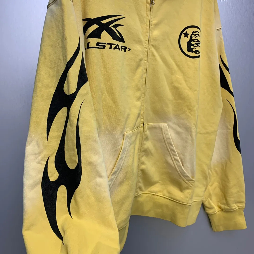 P240 Hellstar Sports Zip Up Hooded Sweatshirt Yellow washed distressed terry sweatshirt cardigan jacket color (color): yellow Size (size): S, M, L, XL
