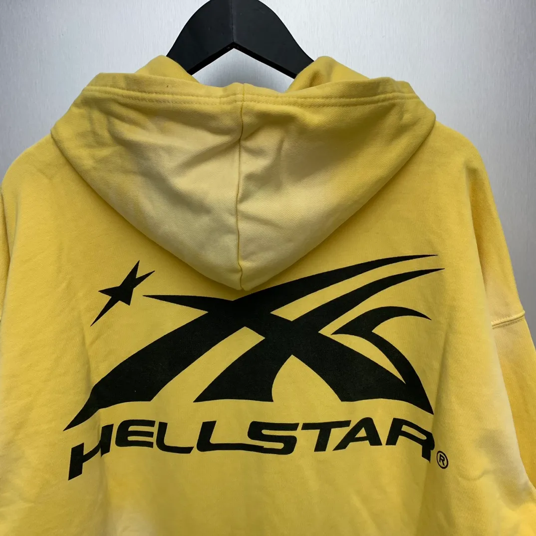 P240 Hellstar Sports Zip Up Hooded Sweatshirt Yellow washed distressed terry sweatshirt cardigan jacket color (color): yellow Size (size): S, M, L, XL