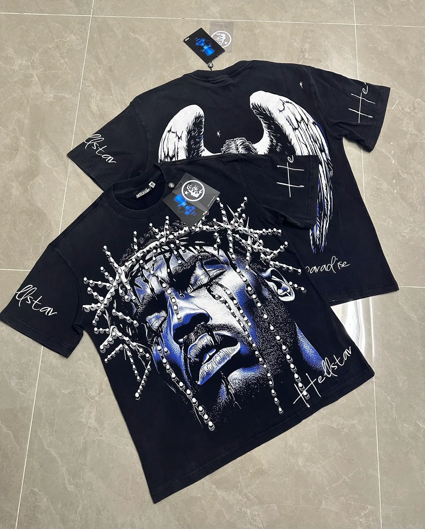 P124 950# washed black I Hellstar Cross-border European and American style street fashion brand pure cotton T-shirt Fabric (fabric): 32 counts 250g washed combed double yarn pure cotton Size (size): S-M- L- X L Color (colour): washed black