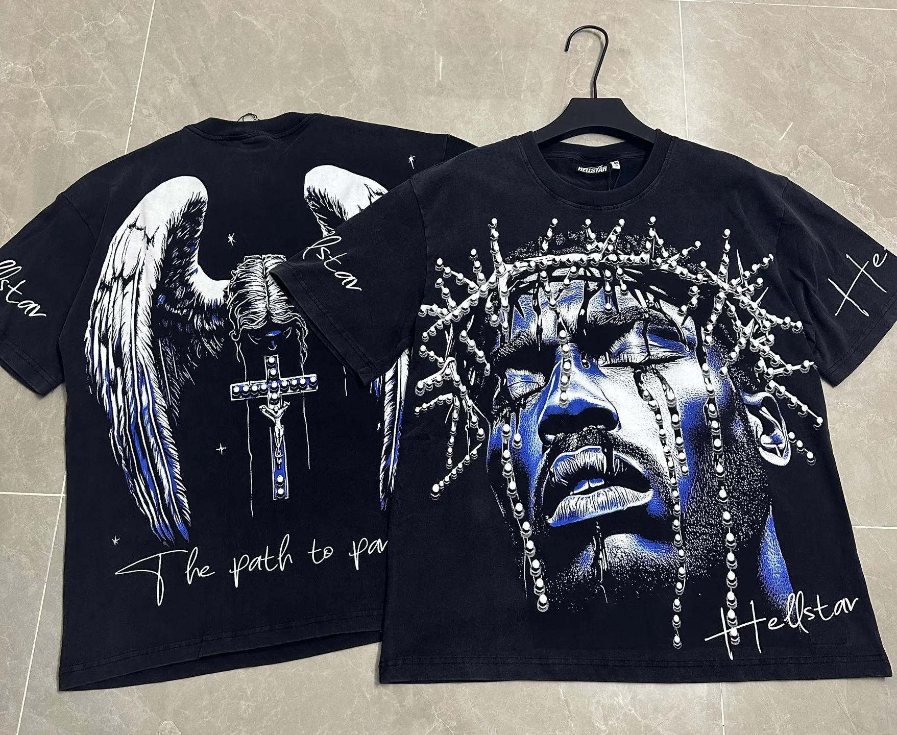 P124 950# washed black I Hellstar Cross-border European and American style street fashion brand pure cotton T-shirt Fabric (fabric): 32 counts 250g washed combed double yarn pure cotton Size (size): S-M- L- X L Color (colour): washed black
