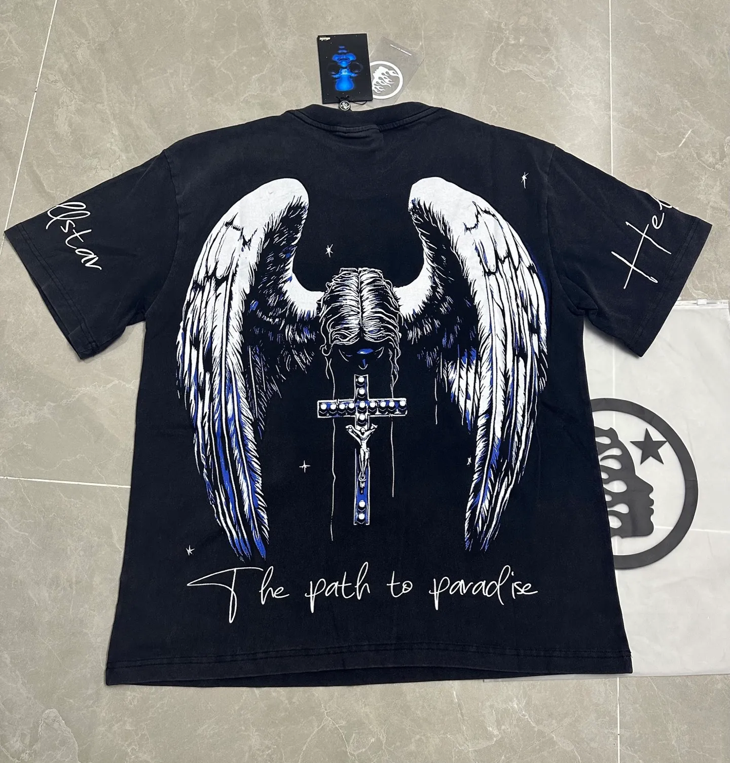 P124 950# washed black I Hellstar Cross-border European and American style street fashion brand pure cotton T-shirt Fabric (fabric): 32 counts 250g washed combed double yarn pure cotton Size (size): S-M- L- X L Color (colour): washed black