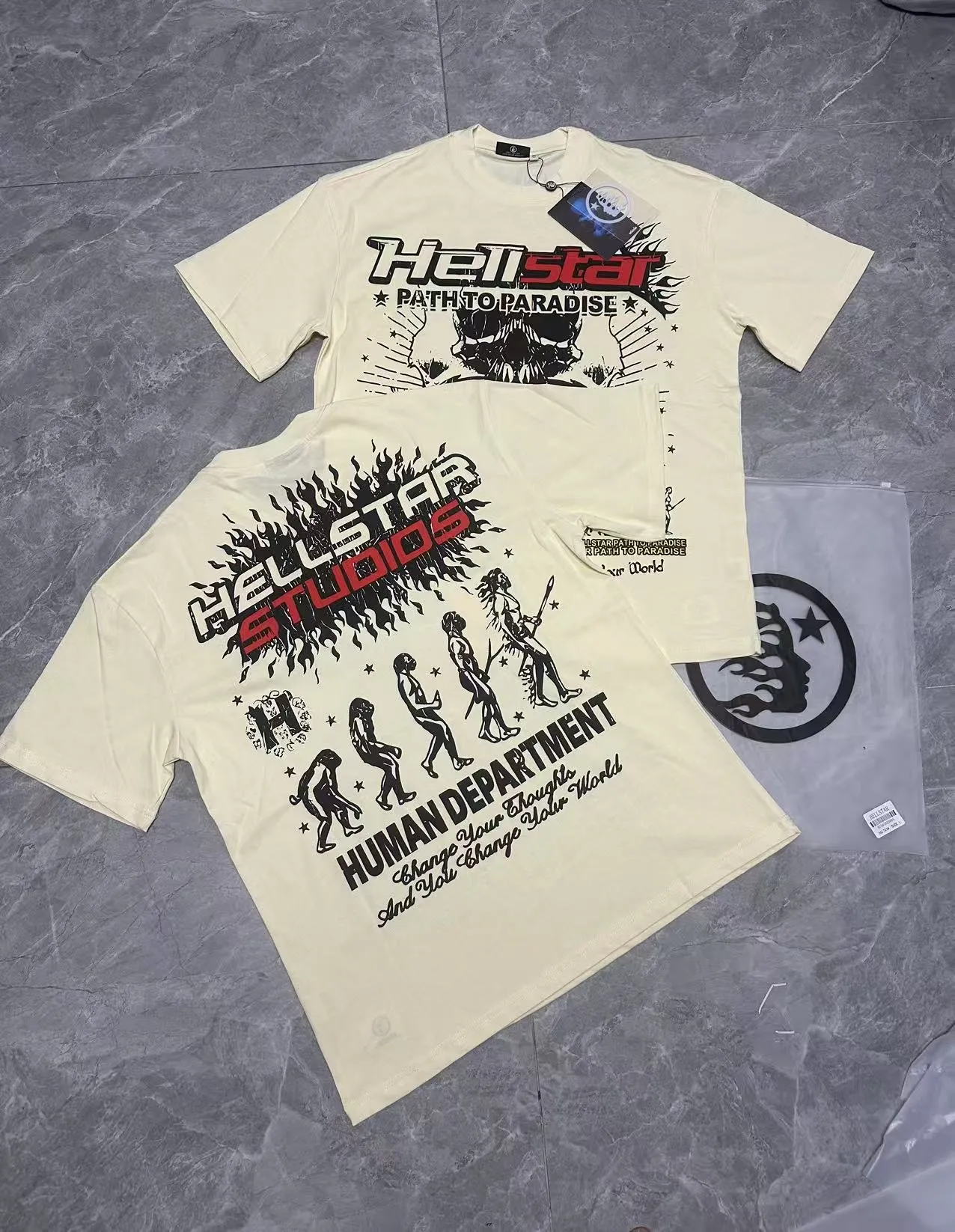 P108 Real-stock Hellstar Cross-border European and American style, street fashion brand pure cotton T-shirt Fabric (fabric): 32 counts of 240g heavy combed double yarn pure cotton Size (size): S-M- L- X L Color (colour): white, apricot