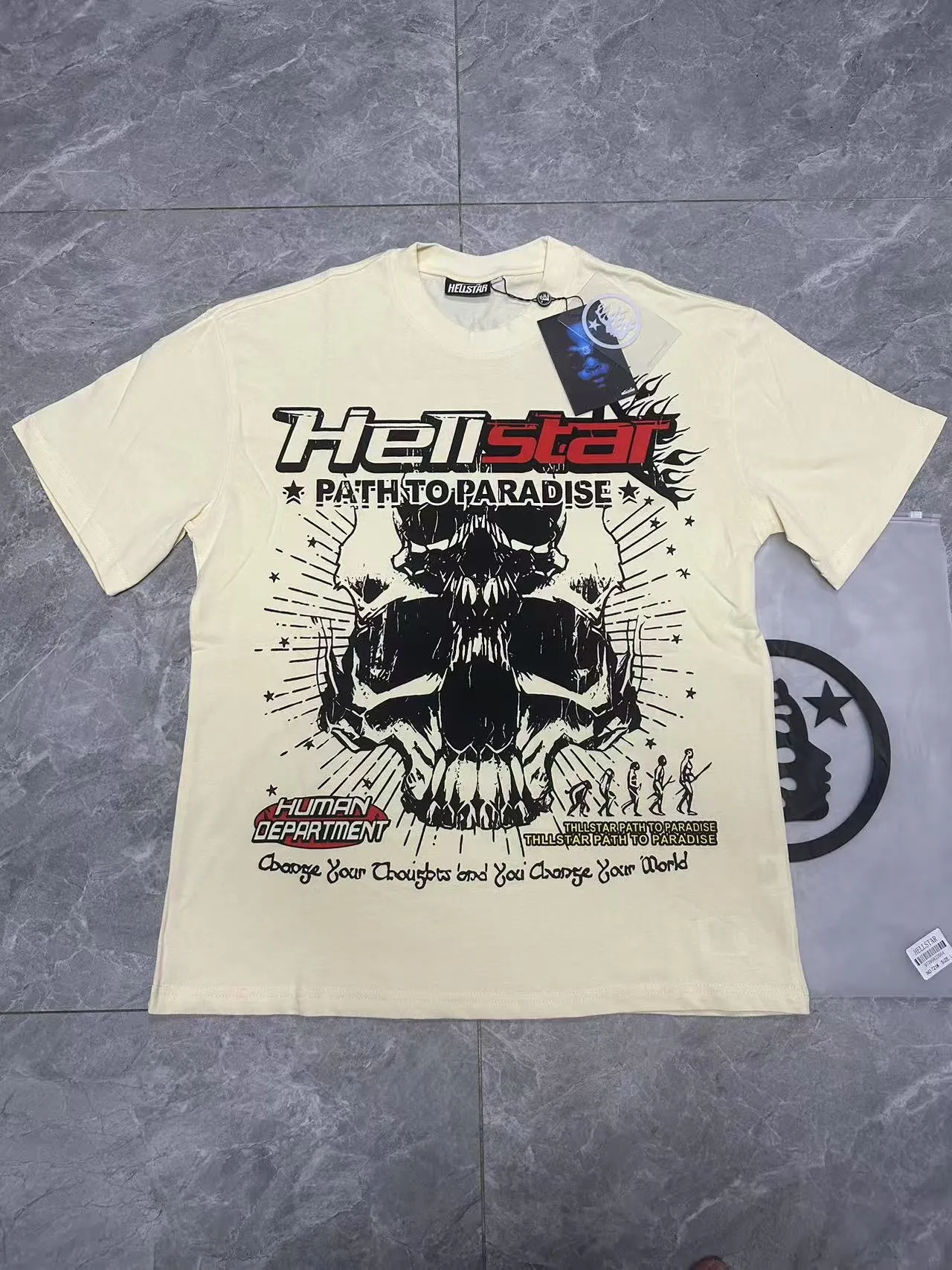 P108 Real-stock Hellstar Cross-border European and American style, street fashion brand pure cotton T-shirt Fabric (fabric): 32 counts of 240g heavy combed double yarn pure cotton Size (size): S-M- L- X L Color (colour): white, apricot