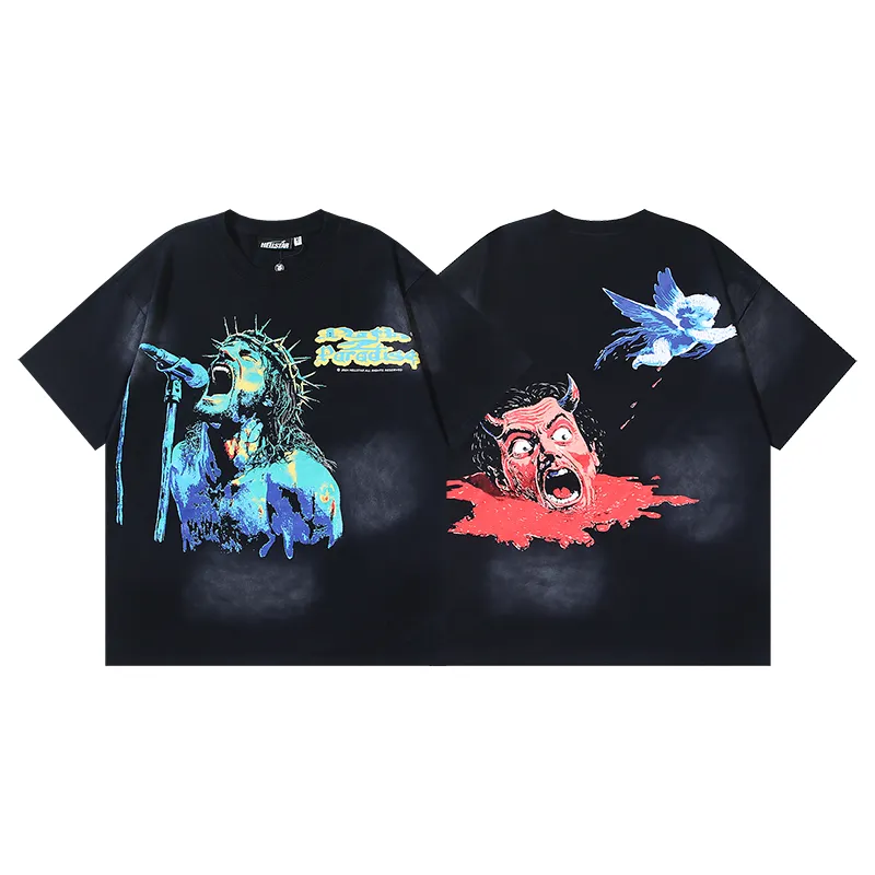 P130 6729# Washed Black Actual Shot Hellstar Washed Retro Beauty Trendy Printed Short Sleeve T-shirt Fabric: 250g 32 count fine cotton double yarn pure cotton Color: Washed Black Size: S M L XL