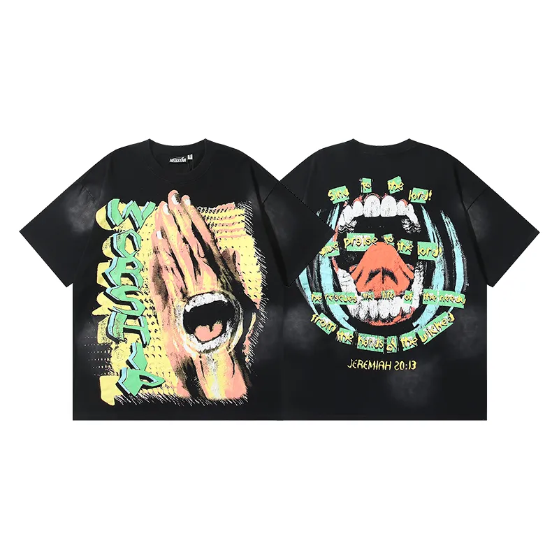 P130 6736#washed black Real shot Hellstar washed retro beauty trend printed short-sleeved T-shirt Fabric: 250g 32 count fine cotton double yarn pure cotton Color: washed black Size: S M L XL