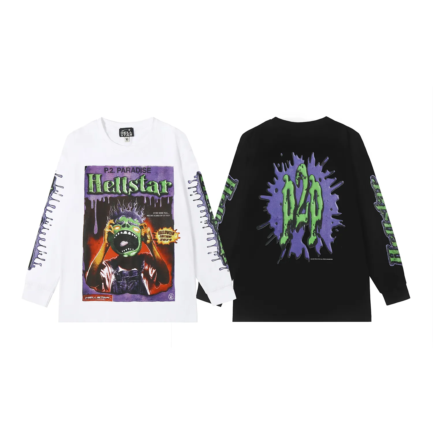 5517# P136 Hellstar Hellstar letter print lightning high street men and women hip-hop loose long-sleeved T-shirt Color: Black White Size: S M L XL