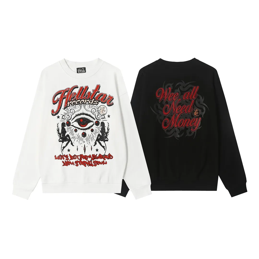 8801# P160 Hellstar high quality Hellstar American trendy printed cotton terry crew neck sweatshirt Color: White Black Size: S M L XL
