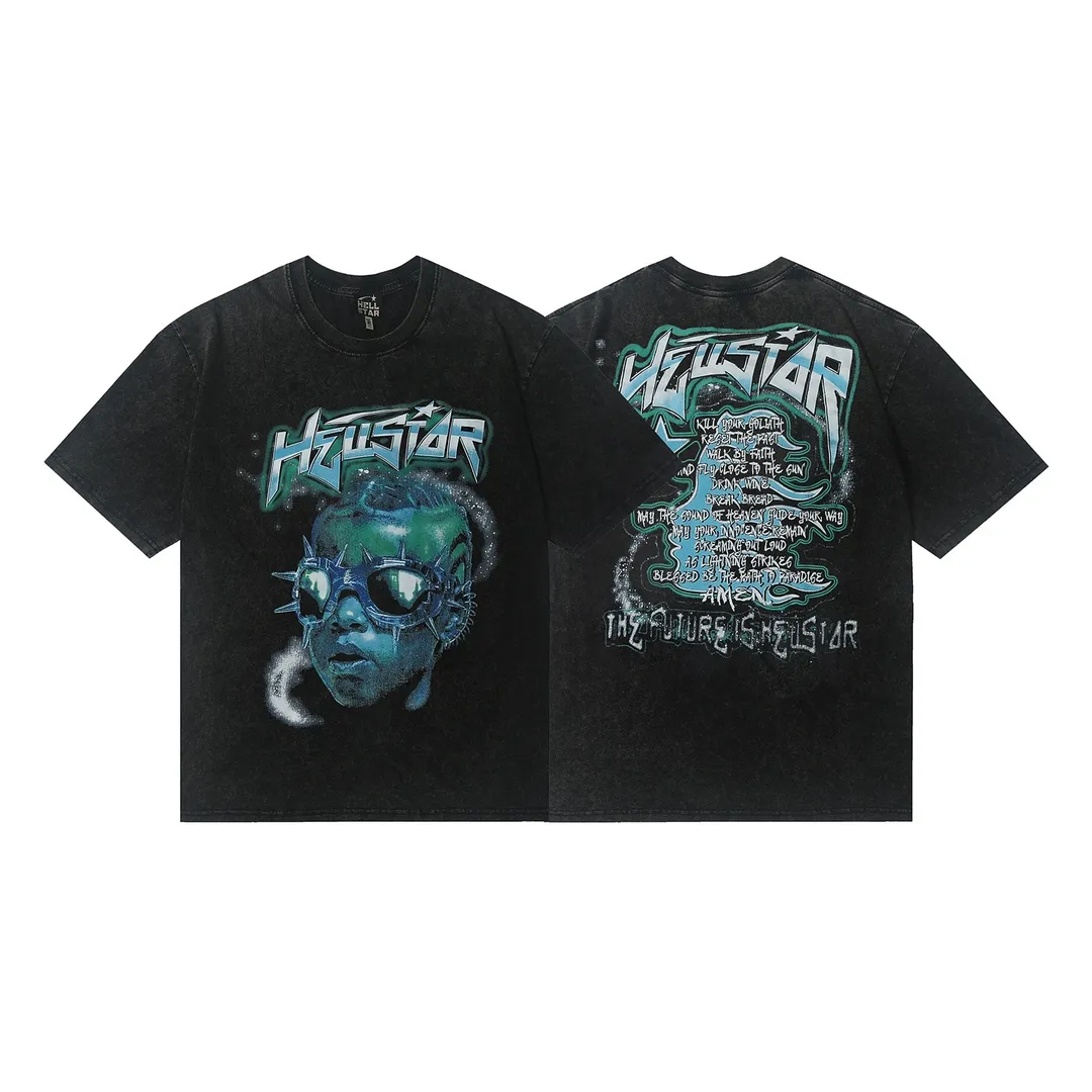 7701# P124 Washed Hellstar Hellstar ins same style retro printed tops for men and women, casual and trendy pure cotton washed short-sleeved T-shirt Color: Black Size: S M L XL