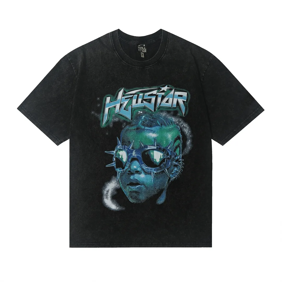 7701# P124 Washed Hellstar Hellstar ins same style retro printed tops for men and women, casual and trendy pure cotton washed short-sleeved T-shirt Color: Black Size: S M L XL