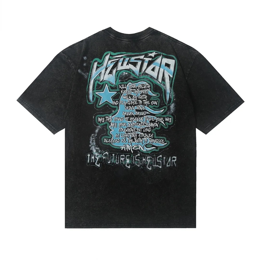7701# P124 Washed Hellstar Hellstar ins same style retro printed tops for men and women, casual and trendy pure cotton washed short-sleeved T-shirt Color: Black Size: S M L XL