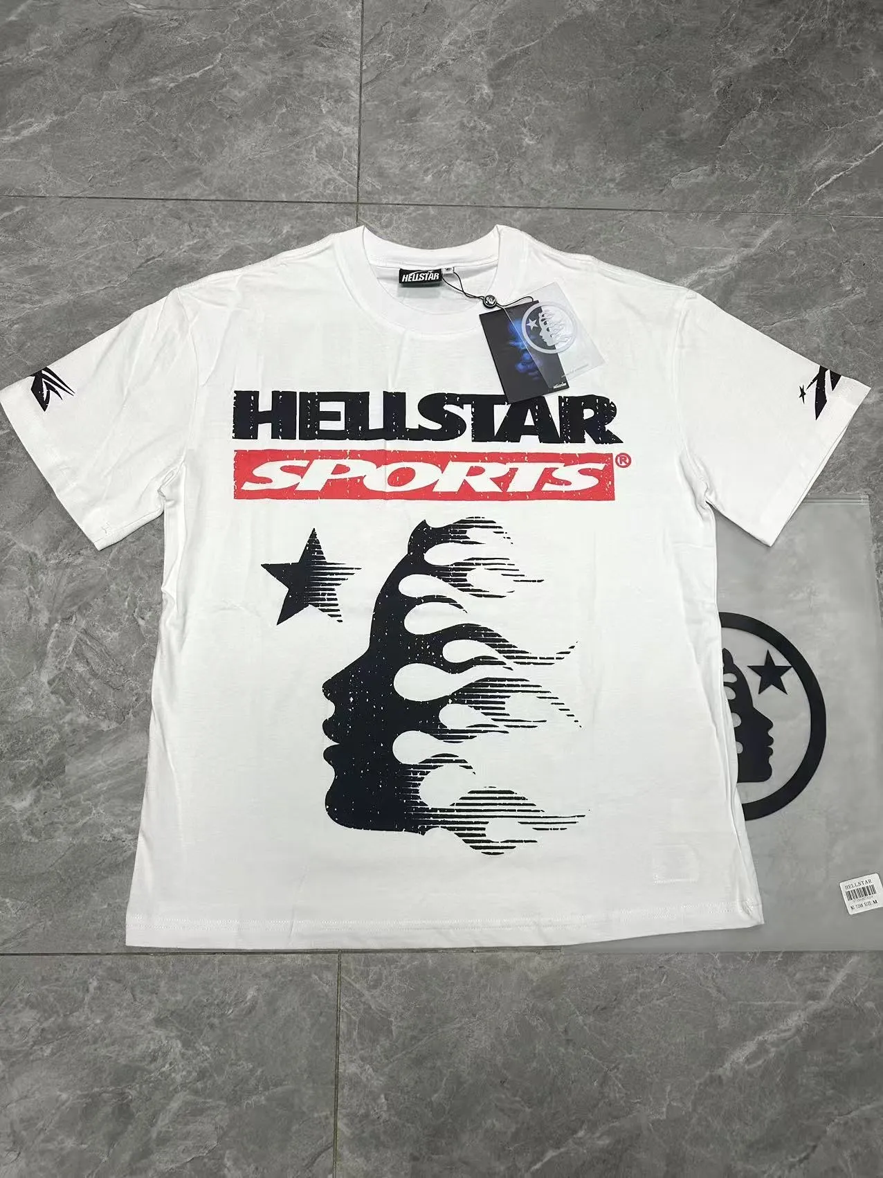 P108 Real-stock Hellstar Cross-border European and American style, street fashion brand pure cotton T-shirt Fabric (fabric): 32 pieces of 240g heavy combed double yarn pure cotton Size (size): S-M- L- X L Color (colour): white