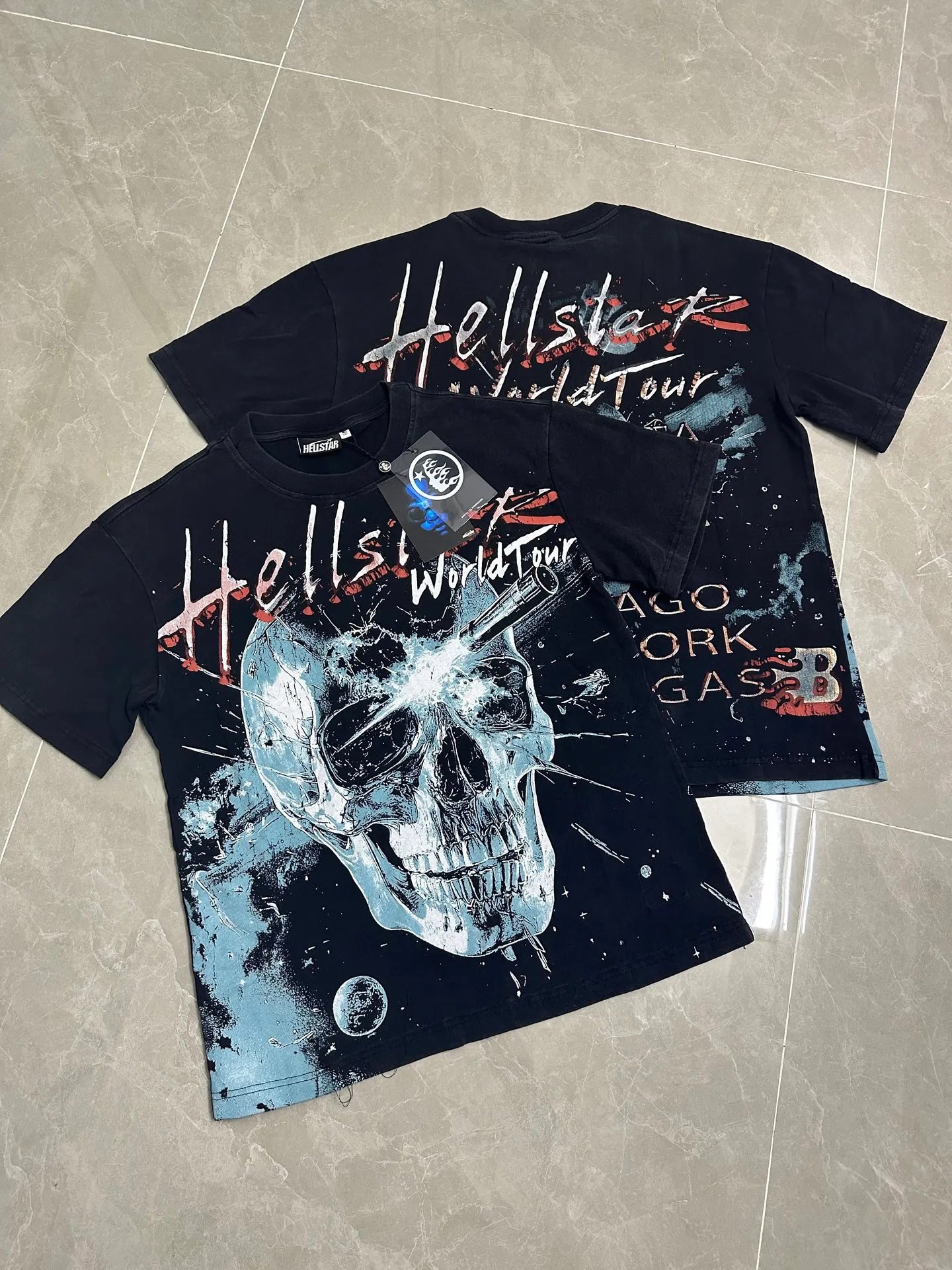 P124 951# Washed Black Hellstar Cross-border European and American style street brand pure cotton T-shirt Fabric (fabric): 32 counts 250g washed combed double yarn pure cotton Size (size): S-M- L- X L Color (colour): Washed black