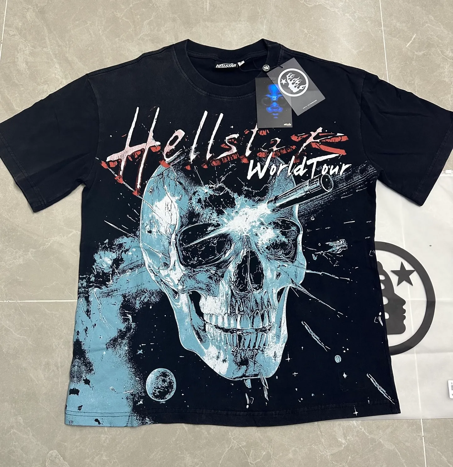 P124 951# Washed Black Hellstar Cross-border European and American style street brand pure cotton T-shirt Fabric (fabric): 32 counts 250g washed combed double yarn pure cotton Size (size): S-M- L- X L Color (colour): Washed black