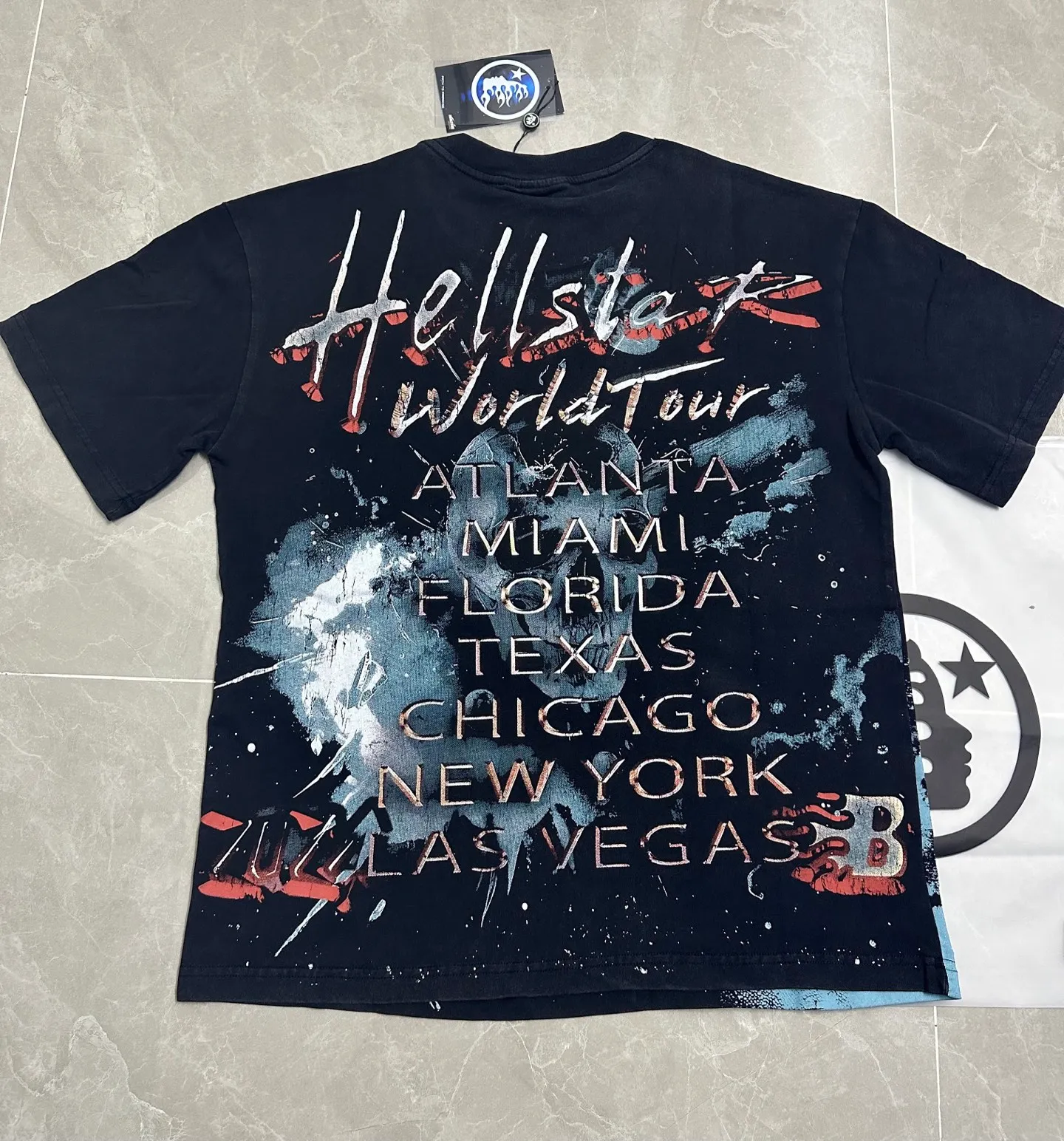 P124 951# Washed Black Hellstar Cross-border European and American style street brand pure cotton T-shirt Fabric (fabric): 32 counts 250g washed combed double yarn pure cotton Size (size): S-M- L- X L Color (colour): Washed black