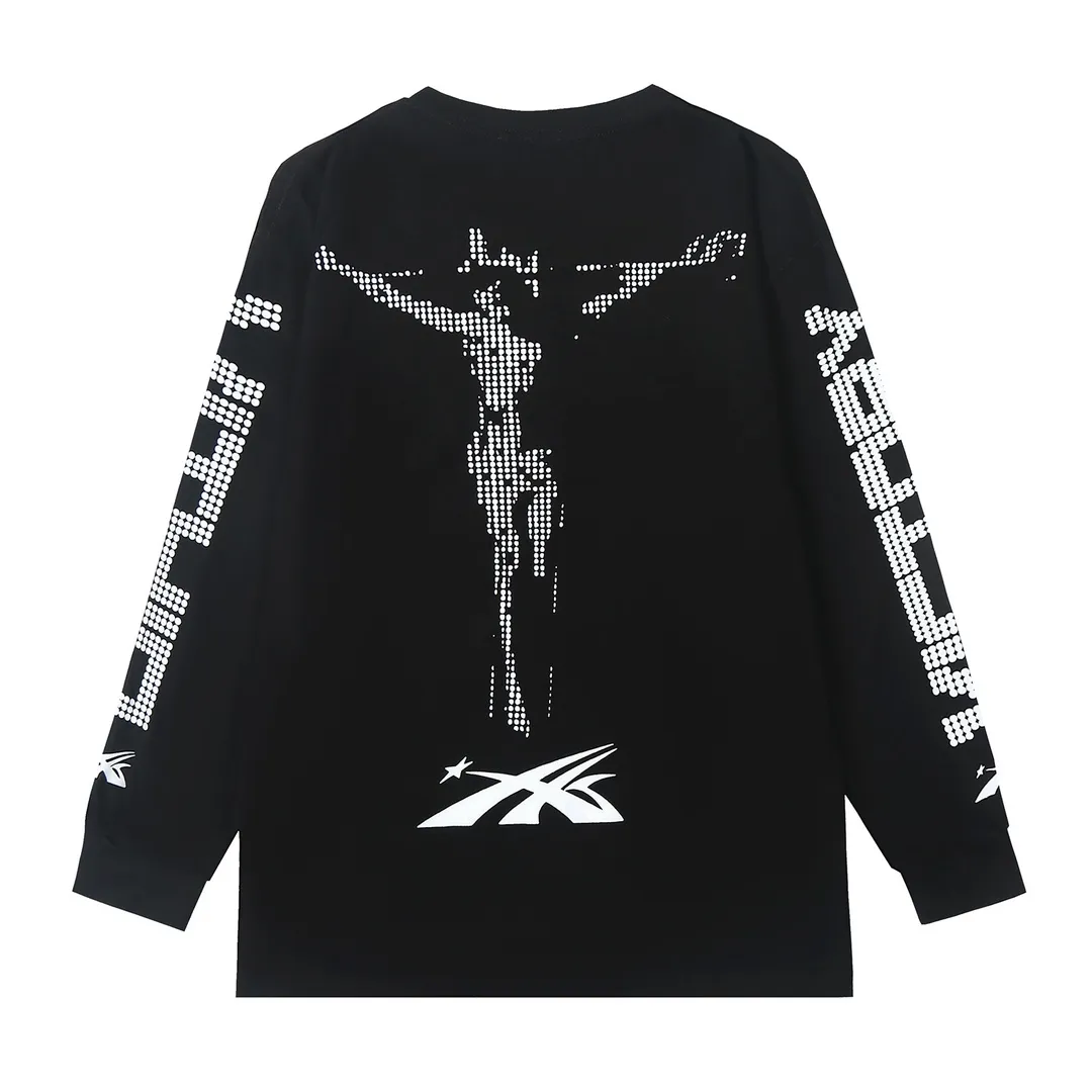 5502# P136 ins The same European and American trendy Hell Star letter print lightning high street men and women hip-hop loose long-sleeved T-shirt Color: White Black Size: S M L XL