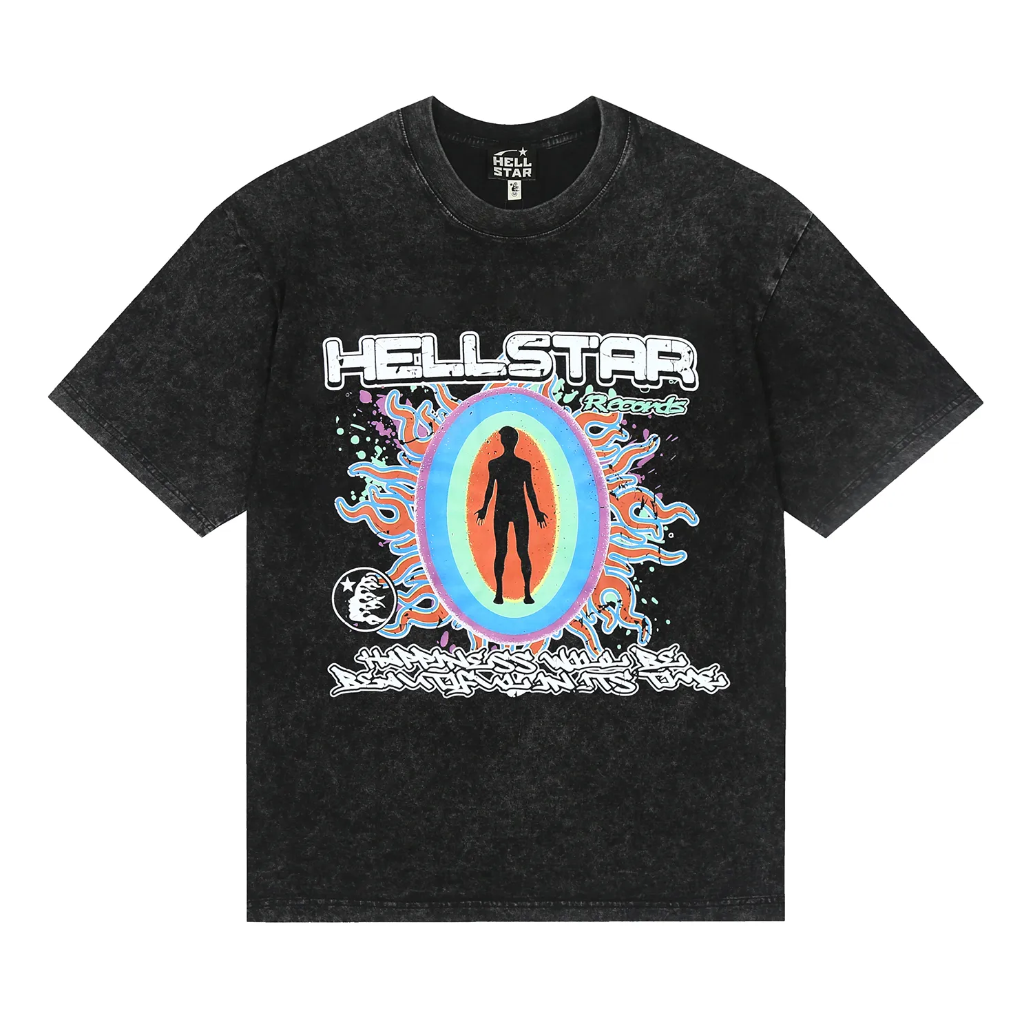 7724# P124 Washed Hellstar Hellstar ins same style retro printed tops for men and women, casual and trendy pure cotton washed short-sleeved T-shirt Color: Black Size: S M L XL