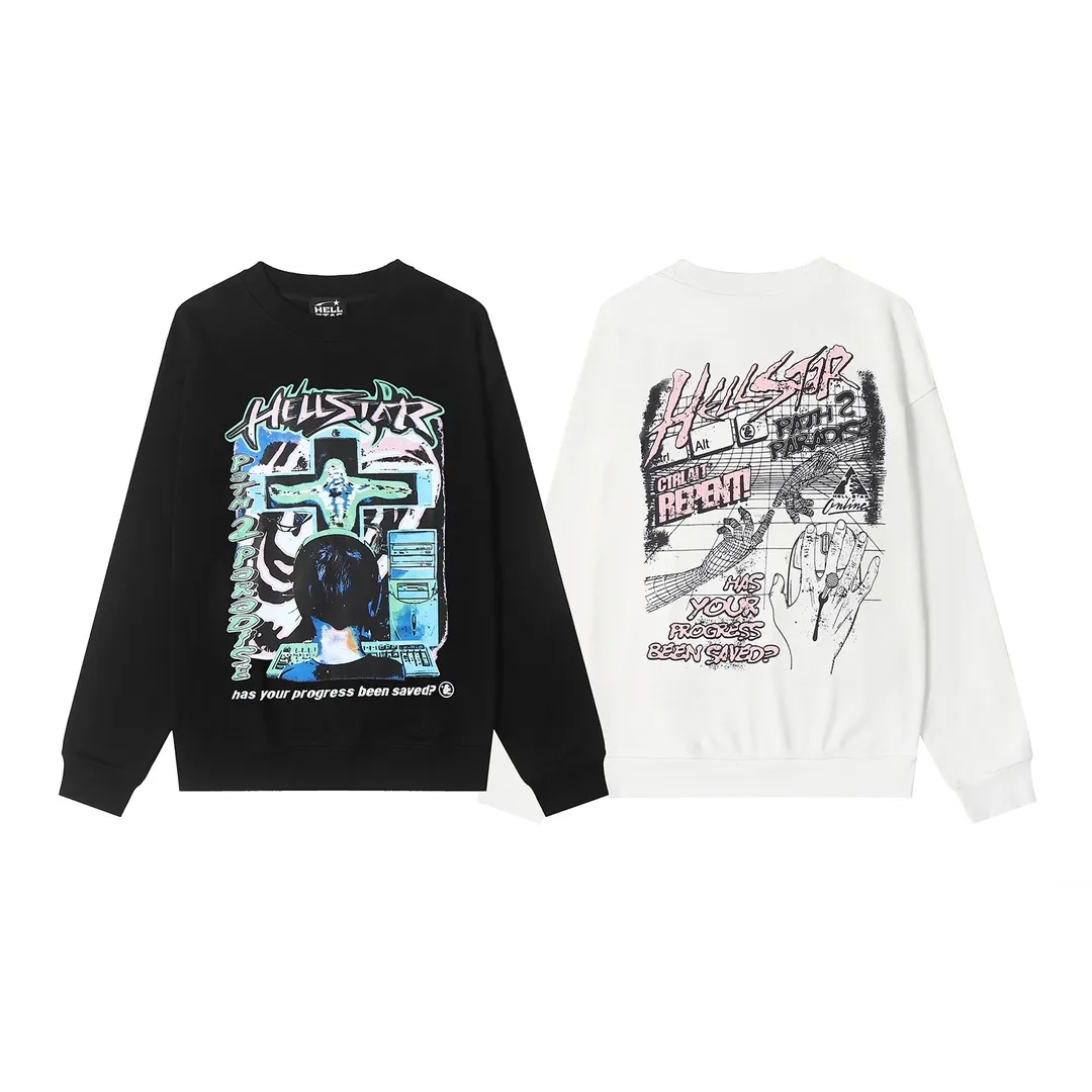 8817# P160 Hellstar high-quality Hellstar American trendy printed cotton terry crew neck sweatshirt Color: White Black Size: S M L XL