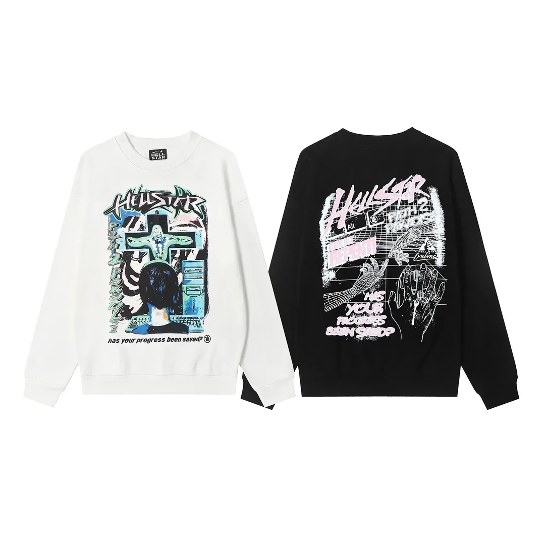 8817# P160 Hellstar high-quality Hellstar American trendy printed cotton terry crew neck sweatshirt Color: White Black Size: S M L XL