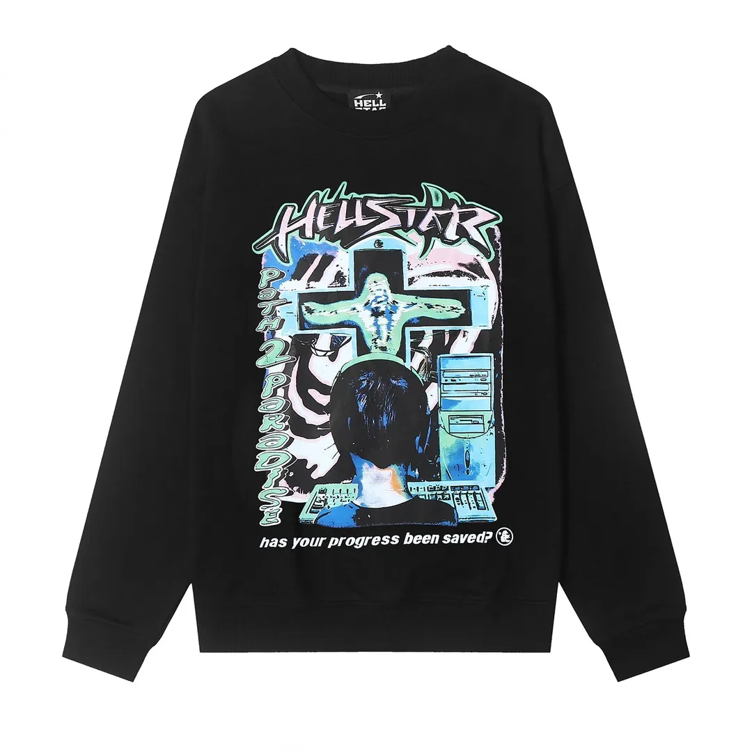 8817# P160 Hellstar high-quality Hellstar American trendy printed cotton terry crew neck sweatshirt Color: White Black Size: S M L XL