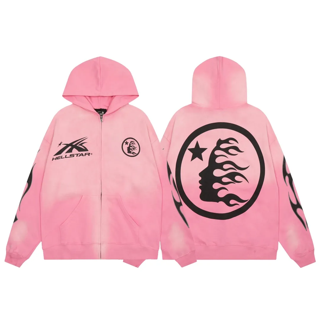P240 HELLSTAR STUDIOS ZIP HOODIE American fashion classic logo printed washed hoodie sweatshirt cardigan jacket Newly popular American fashion Hellstar!  Standard beauty and trendy workmanship, original customization (fabric, pattern, printing, hang tag, main mark, etc.), exaggerated style, explosive style, dare to break through tradition, bring adventurous new fashion experience!   YoungBoy, the most popular rapper in the youth circle, has shot a lot of models for him, and celebrities such as Dababy and Swae Lee frequently get dressed!  color: pink Size: S, M, L, XL