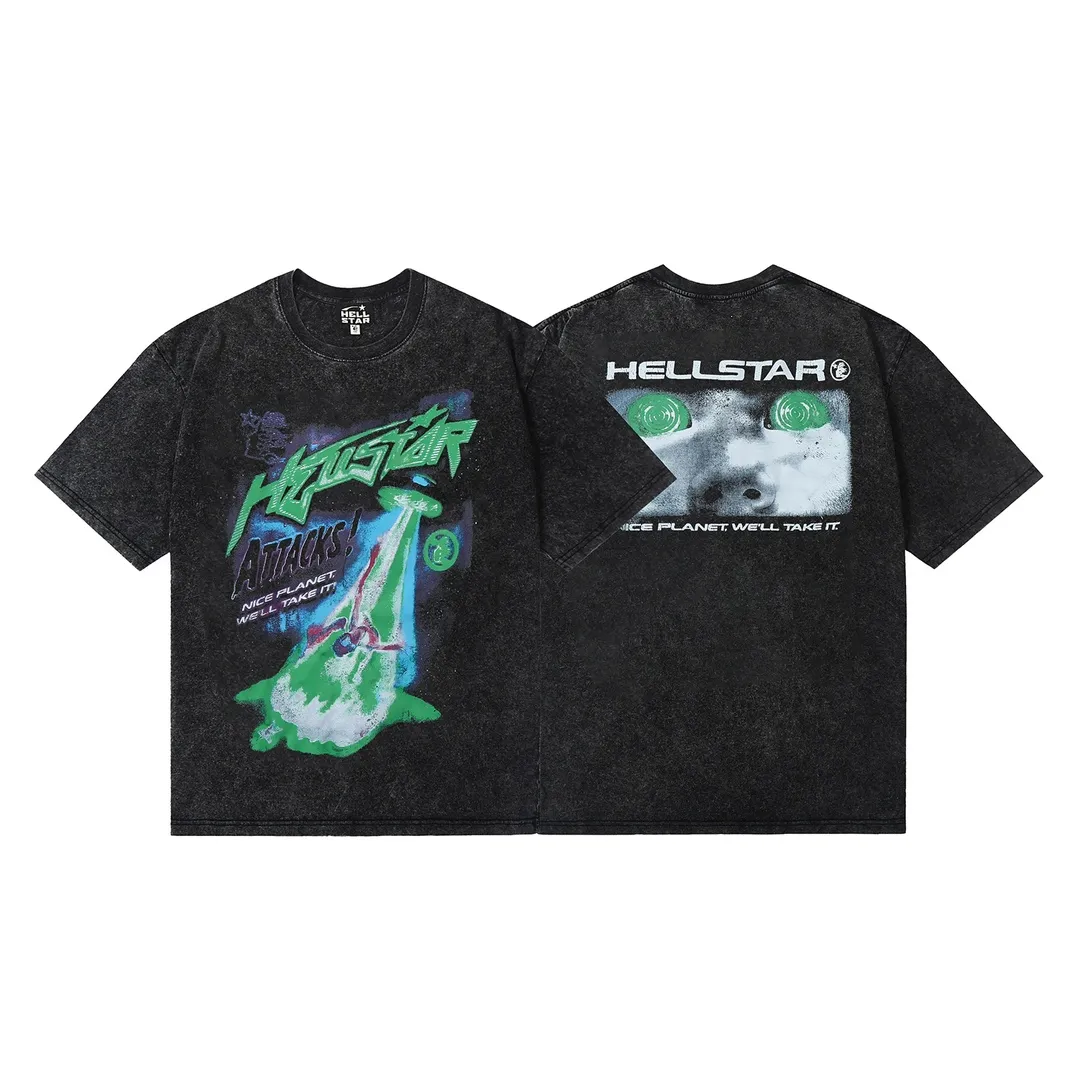 7709# P124 Washed Hellstar Hellstar ins same style retro printed tops for men and women, casual and trendy pure cotton washed short-sleeved T-shirt Color: Black Size: S M L XL