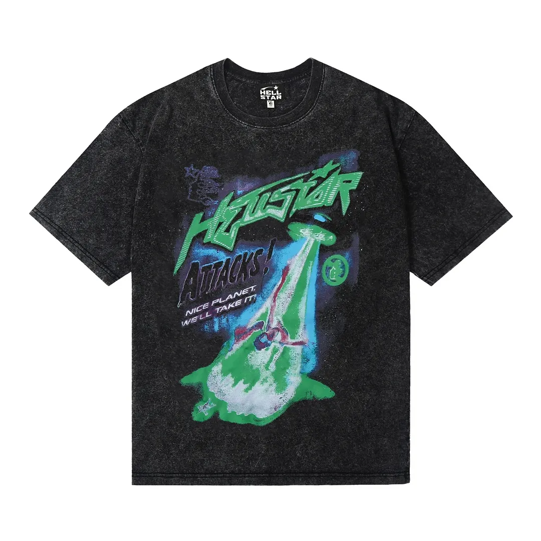 7709# P124 Washed Hellstar Hellstar ins same style retro printed tops for men and women, casual and trendy pure cotton washed short-sleeved T-shirt Color: Black Size: S M L XL