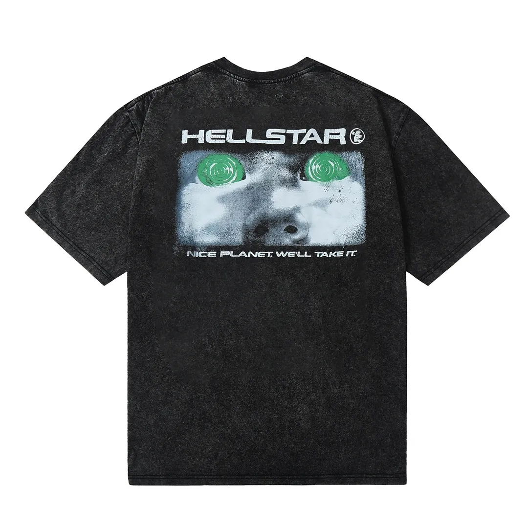 7709# P124 Washed Hellstar Hellstar ins same style retro printed tops for men and women, casual and trendy pure cotton washed short-sleeved T-shirt Color: Black Size: S M L XL