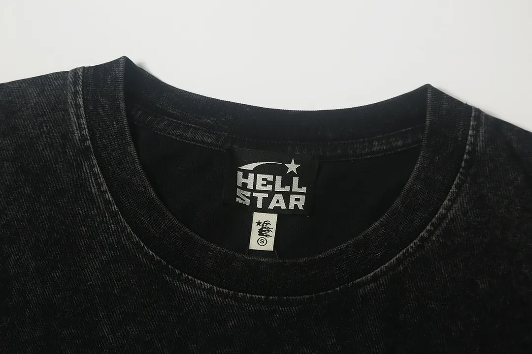 7709# P124 Washed Hellstar Hellstar ins same style retro printed tops for men and women, casual and trendy pure cotton washed short-sleeved T-shirt Color: Black Size: S M L XL