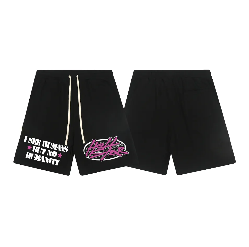 1116# P150 Hellstar pure cotton terry 350g printed casual shorts Color: Black Size: S M L XL