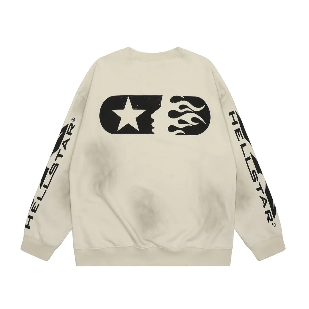 P210 Hellstar Studios washed distressed terry crew neck sweatshirt color (color): beige Size (size): S, M, L, XL
