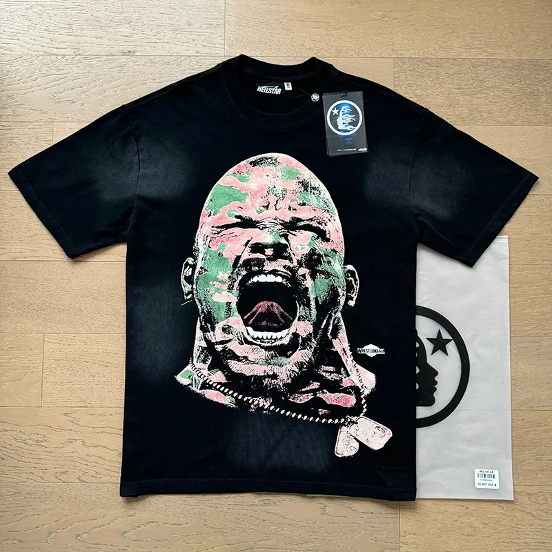 P130 6737#washed black Real shot Hellstar washed retro beauty trend printed short-sleeved T-shirt Fabric: 250g 32 count fine cotton double yarn pure cotton Color: washed black Size: S M L XL