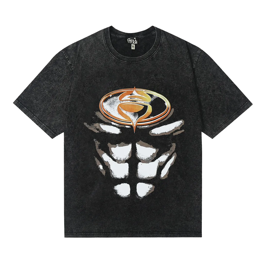 7718# P118 Washed Hellstar Hellstar ins same style retro printed tops for men and women, casual and trendy pure cotton washed short-sleeved T-shirt Color: Black Size: S M L XL