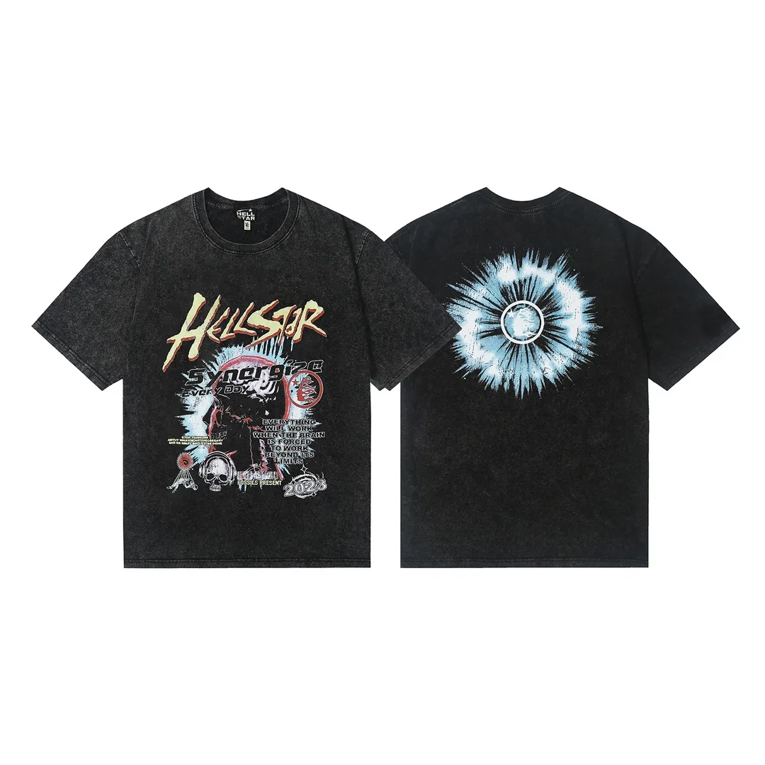 7713# P124 Washed Hellstar Hellstar ins same style retro printed tops for men and women, casual and trendy pure cotton washed short-sleeved T-shirt Color: Black Size: S M L XL