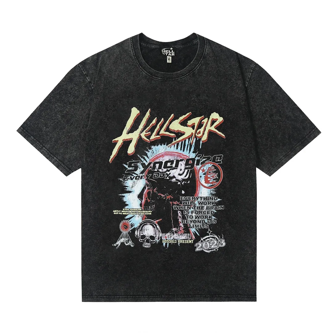7713# P124 Washed Hellstar Hellstar ins same style retro printed tops for men and women, casual and trendy pure cotton washed short-sleeved T-shirt Color: Black Size: S M L XL