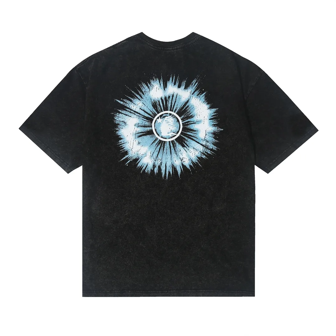 7713# P124 Washed Hellstar Hellstar ins same style retro printed tops for men and women, casual and trendy pure cotton washed short-sleeved T-shirt Color: Black Size: S M L XL