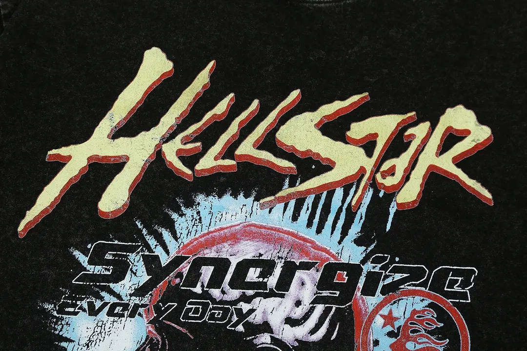 7713# P124 Washed Hellstar Hellstar ins same style retro printed tops for men and women, casual and trendy pure cotton washed short-sleeved T-shirt Color: Black Size: S M L XL