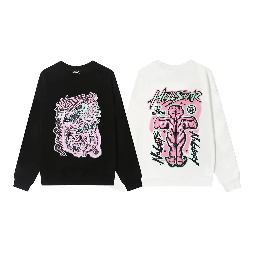 8825# P160 Hellstar high-quality Hellstar American trendy printed cotton terry crew neck sweatshirt Color: White Black Size: S M L XL