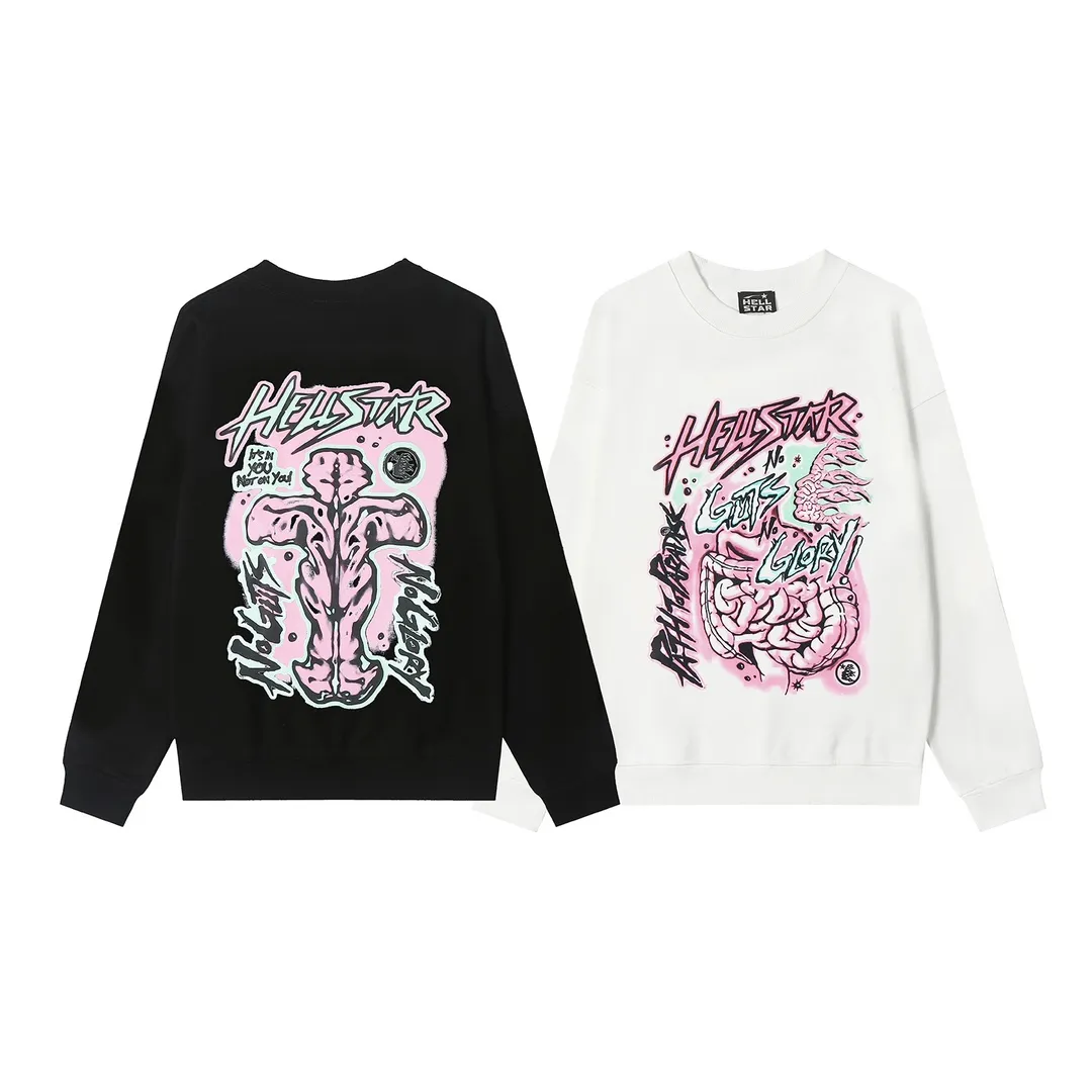 8825# P160 Hellstar high-quality Hellstar American trendy printed cotton terry crew neck sweatshirt Color: White Black Size: S M L XL