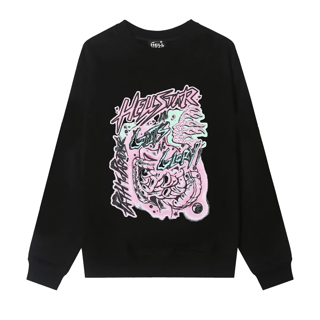 8825# P160 Hellstar high-quality Hellstar American trendy printed cotton terry crew neck sweatshirt Color: White Black Size: S M L XL