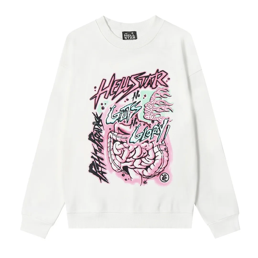 8825# P160 Hellstar high-quality Hellstar American trendy printed cotton terry crew neck sweatshirt Color: White Black Size: S M L XL