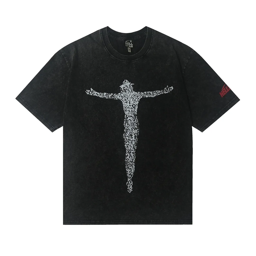 7703# P124 Washed Hellstar Hellstar ins same style retro printed tops for men and women, casual and trendy pure cotton washed short-sleeved T-shirt Color: Black Size: S M L XL