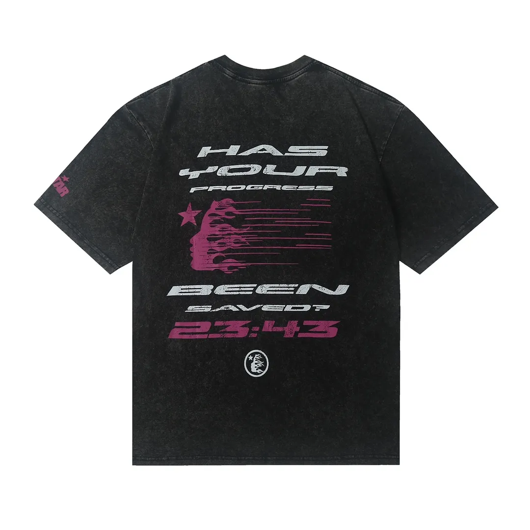 7703# P124 Washed Hellstar Hellstar ins same style retro printed tops for men and women, casual and trendy pure cotton washed short-sleeved T-shirt Color: Black Size: S M L XL