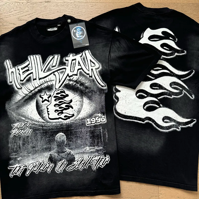 P130 6732#washed black Real shot Hellstar washed retro beauty trendy printed short-sleeved T-shirt Fabric: 250g 32 count fine cotton double yarn pure cotton Color: washed black Size: S M L XL