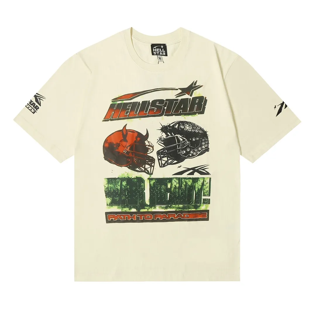 6613# P116 Hellstar short-sleeved Hellstar Rapper star fashion brand American fashion print high street retro T-shirt Color: White Apricot Size: S M L XL