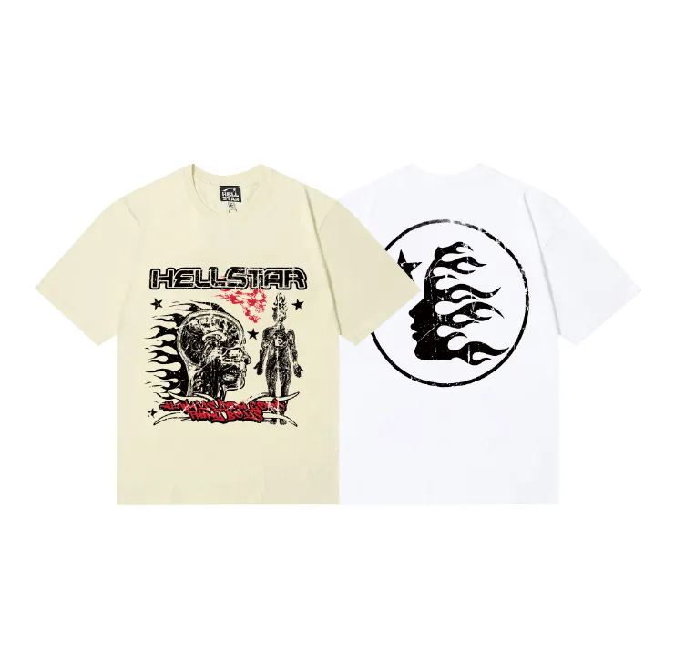 6753# P116 Hellstar American fashion high street pure cotton loose short-sleeved T-shirt Color: White Apricot Code number: S M L XL