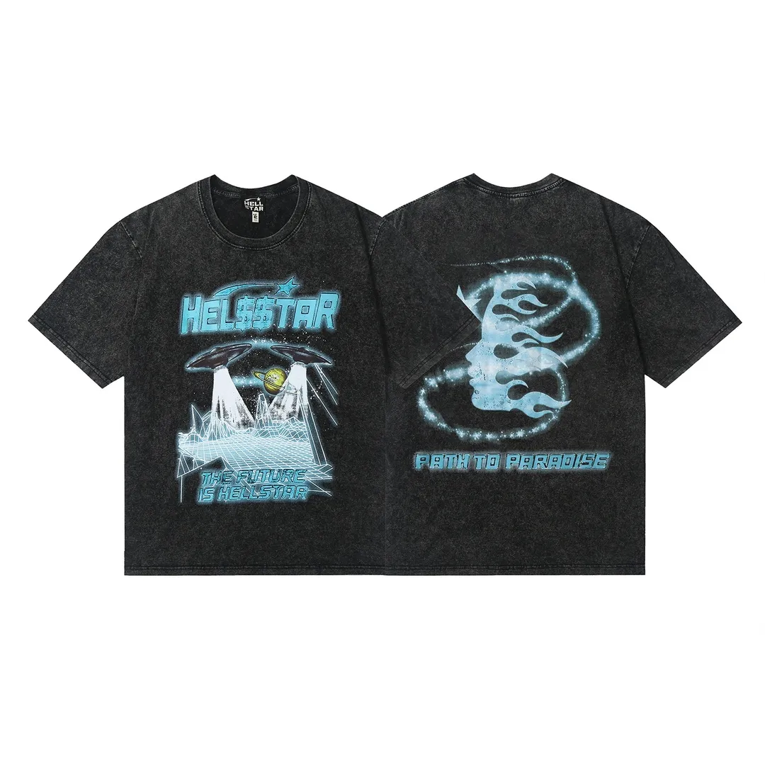 7705# P124 Washed Hellstar Hellstar ins same style retro printed tops for men and women, casual and trendy pure cotton washed short-sleeved T-shirt Color: Black Size: S M L XL