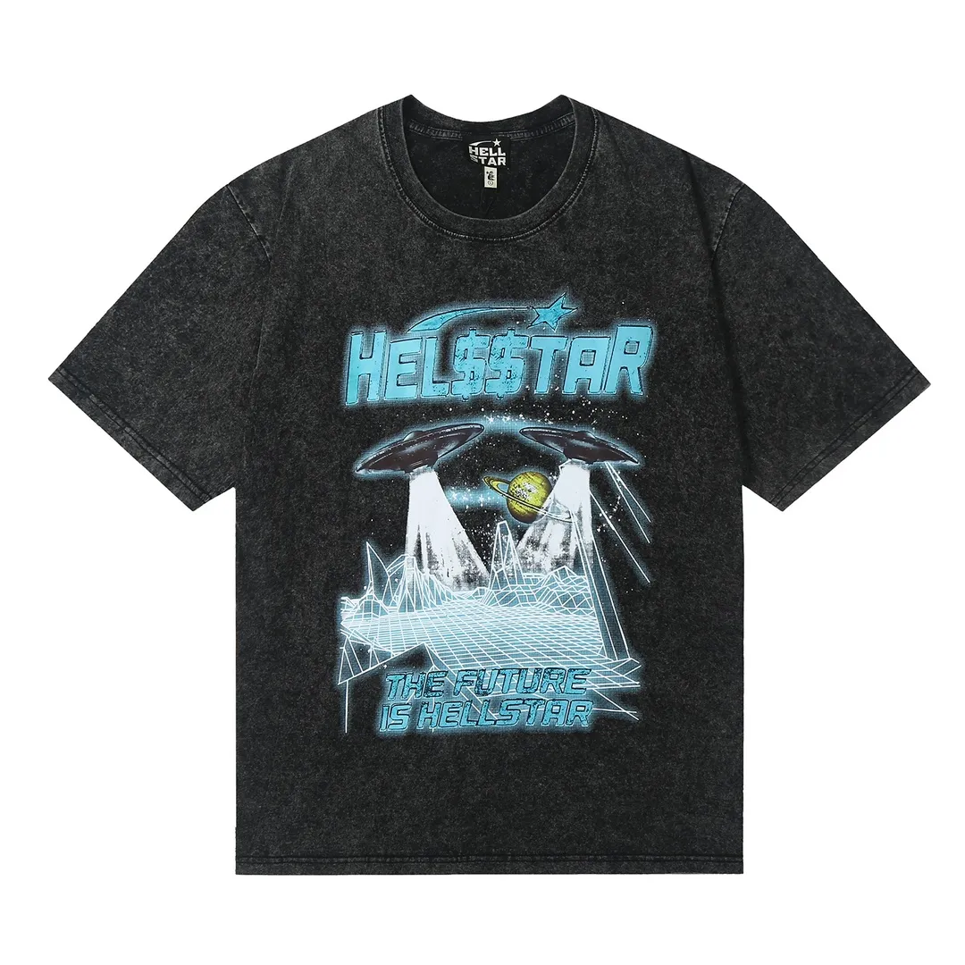 7705# P124 Washed Hellstar Hellstar ins same style retro printed tops for men and women, casual and trendy pure cotton washed short-sleeved T-shirt Color: Black Size: S M L XL