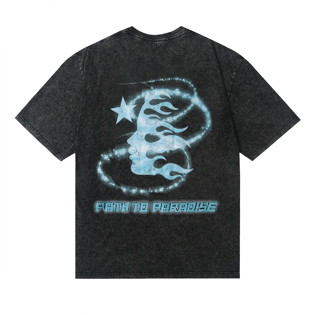 7705# P124 Washed Hellstar Hellstar ins same style retro printed tops for men and women, casual and trendy pure cotton washed short-sleeved T-shirt Color: Black Size: S M L XL